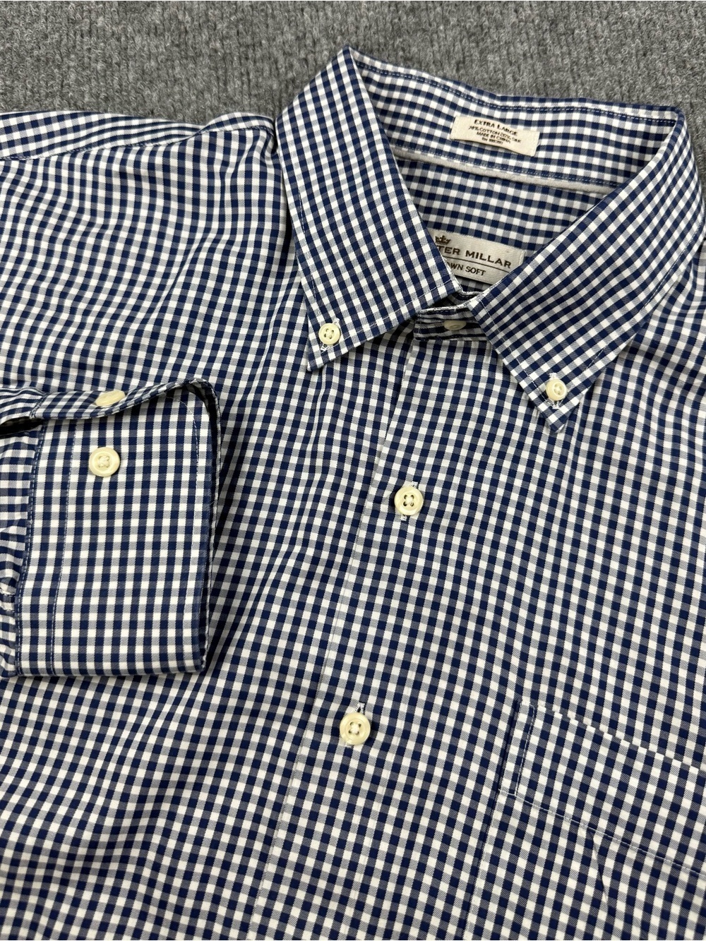 Peter Millar Crown Soft Navy and White Gingham Button-Down Shirt, Size XL